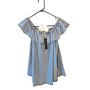 Steinmart Velvet Heart Womens Ruffle Top Sz Large Soft Denim Look Shirt NWT